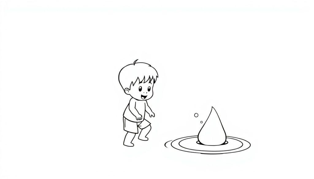 Een kleurplaat van een lachend kind dat naar een grote opspattende waterdruppel kijkt.