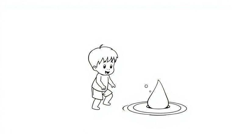 Een kleurplaat van een lachend kind dat naar een grote opspattende waterdruppel kijkt.