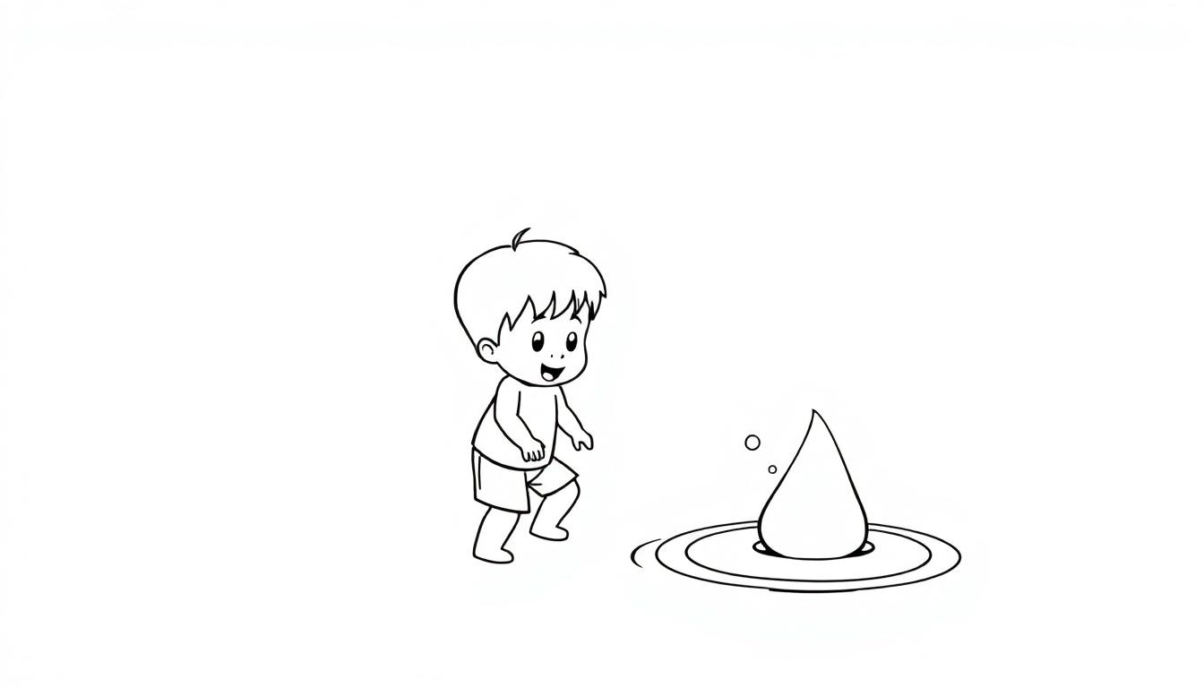 Een kleurplaat van een lachend kind dat naar een grote opspattende waterdruppel kijkt.