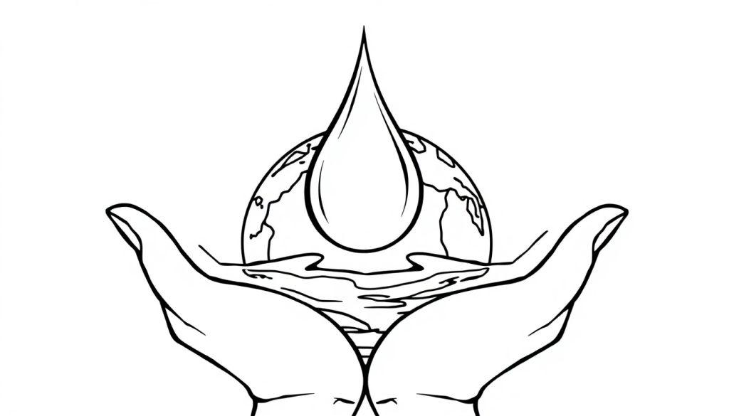 Kleurplaat van twee handen die een wereldbol vasthouden met daarop een grote waterdruppel.