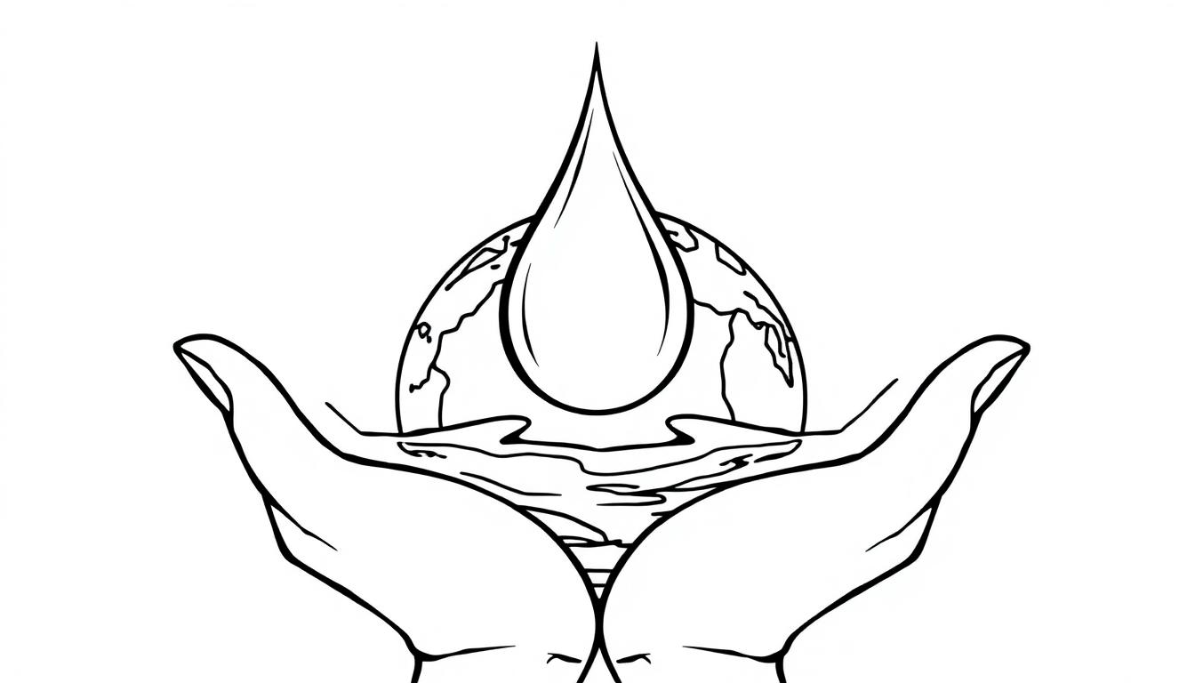 Kleurplaat van twee handen die een wereldbol vasthouden met daarop een grote waterdruppel.
