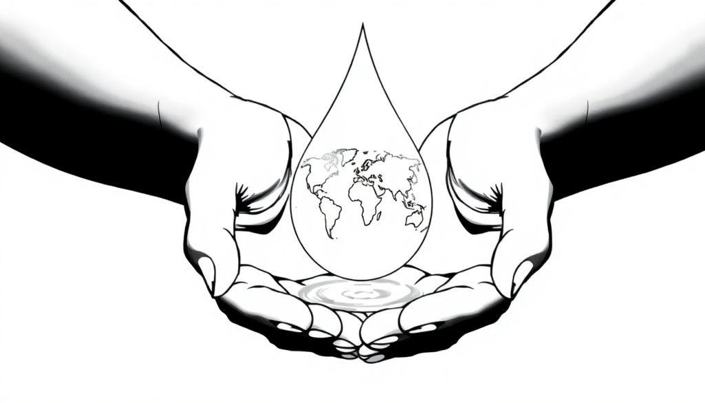 Kleurplaat van een druppel water die door twee handen wordt vastgehouden met de wereld als achtergrond.