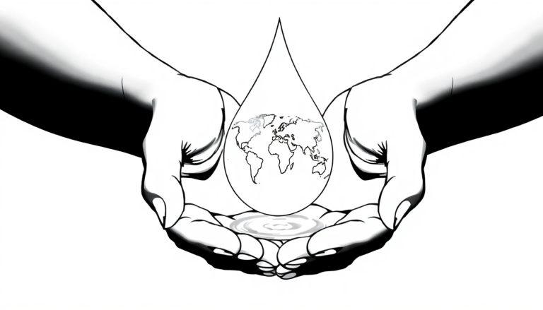 Kleurplaat van een druppel water die door twee handen wordt vastgehouden met de wereld als achtergrond.