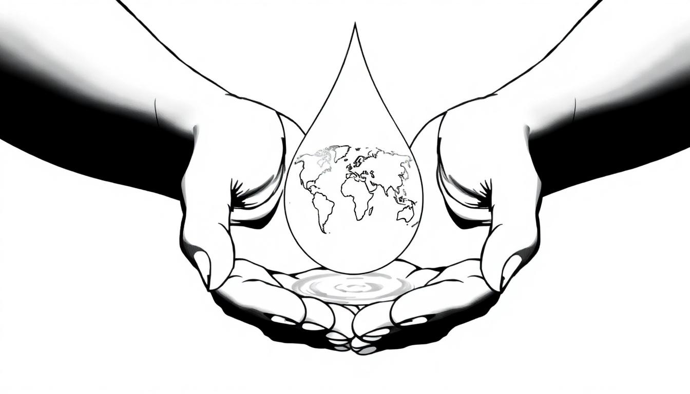 Kleurplaat van een druppel water die door twee handen wordt vastgehouden met de wereld als achtergrond.