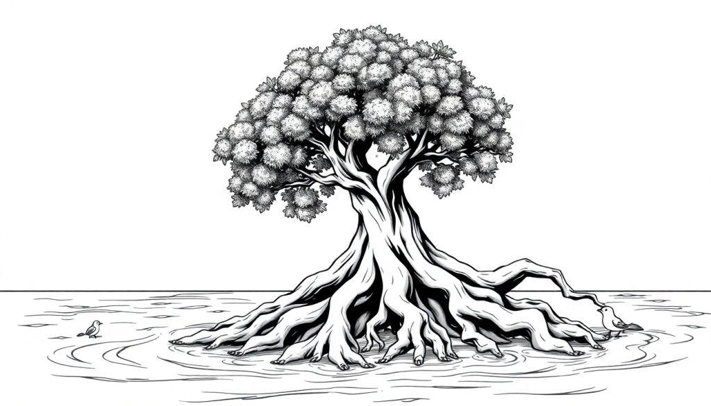 Kleurplaat van een boom in het water met vogels en wortels.