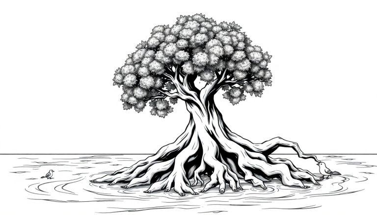 Kleurplaat van een boom in het water met vogels en wortels.