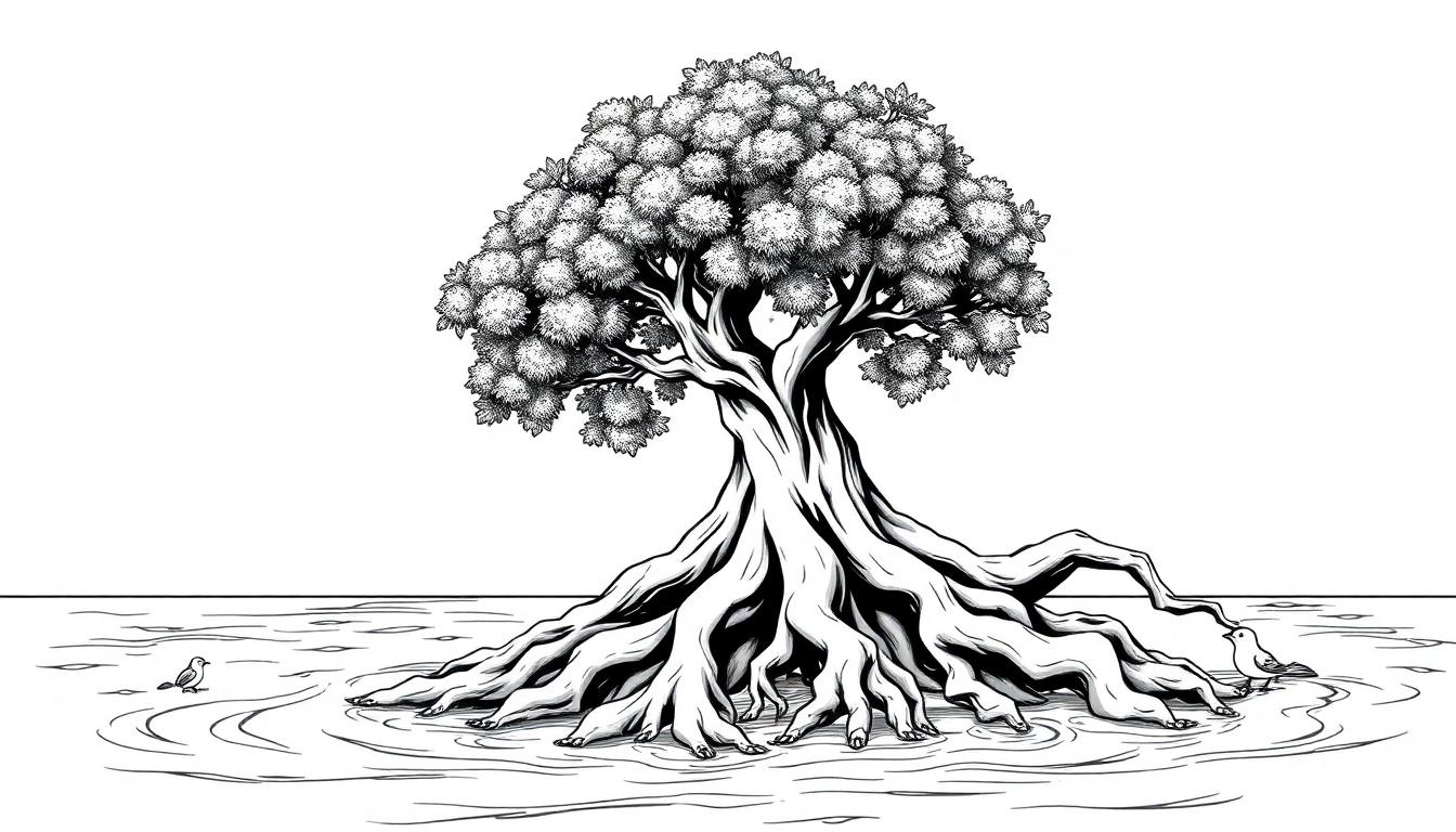 Kleurplaat van een boom in het water met vogels en wortels.