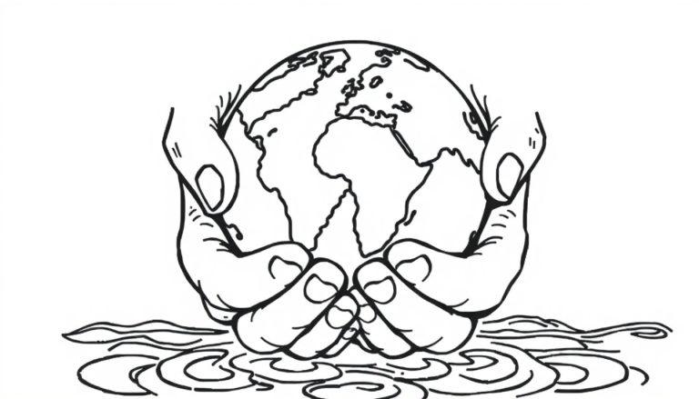 Een kleurplaat van twee handen die de aarde vasthouden boven watergolven.