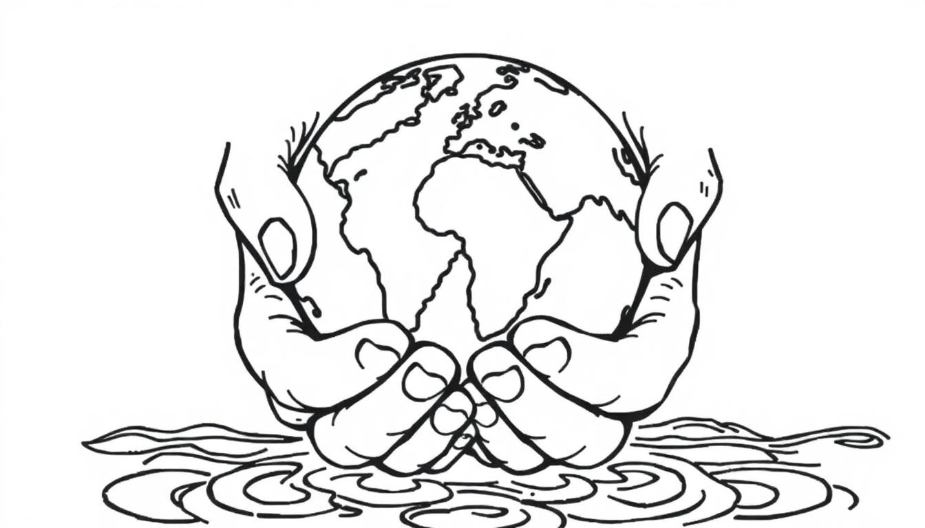 Een kleurplaat van twee handen die de aarde vasthouden boven watergolven.