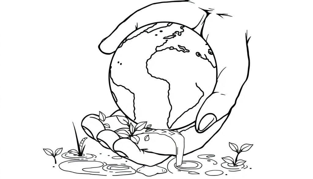 Kleurplaat van een hand die de aarde vasthoudt en water druppelt naar de grond met plantjes.