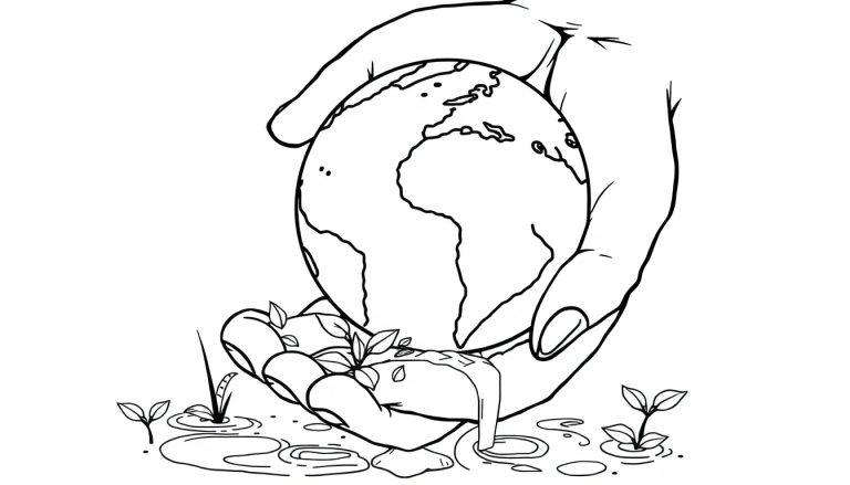 Kleurplaat van een hand die de aarde vasthoudt en water druppelt naar de grond met plantjes.