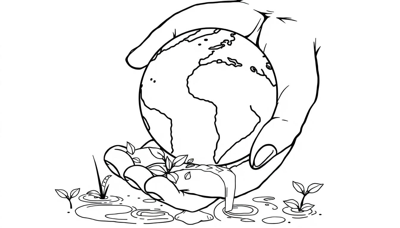 Kleurplaat van een hand die de aarde vasthoudt en water druppelt naar de grond met plantjes.