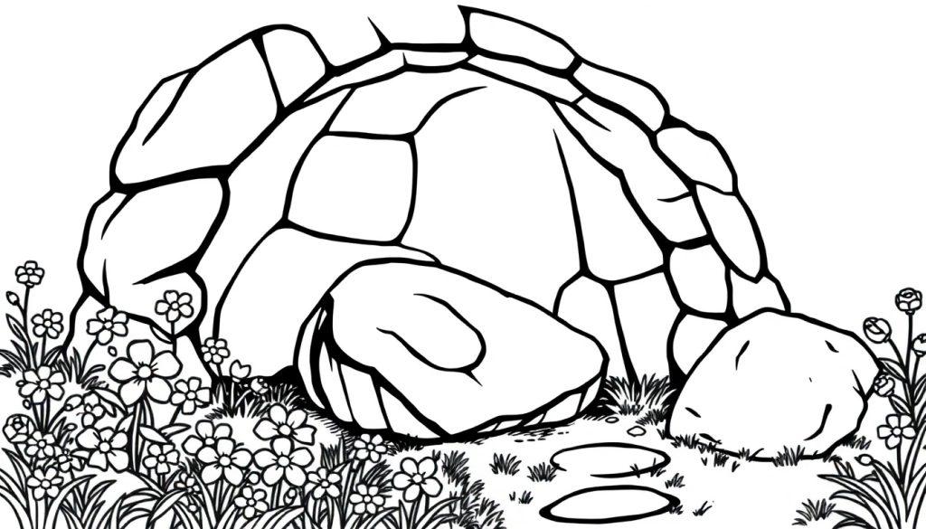 Kleurplaat van een open graf met een weggerolde steen, omlijst door gras en bloemen in lijnkunststijl.