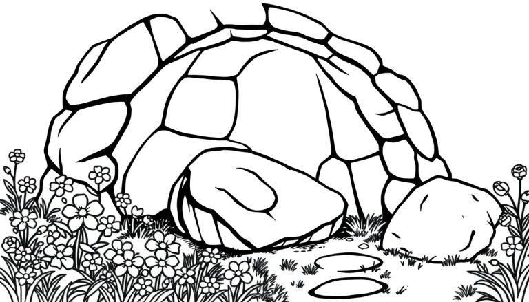 Kleurplaat van een open graf met een weggerolde steen, omlijst door gras en bloemen in lijnkunststijl.