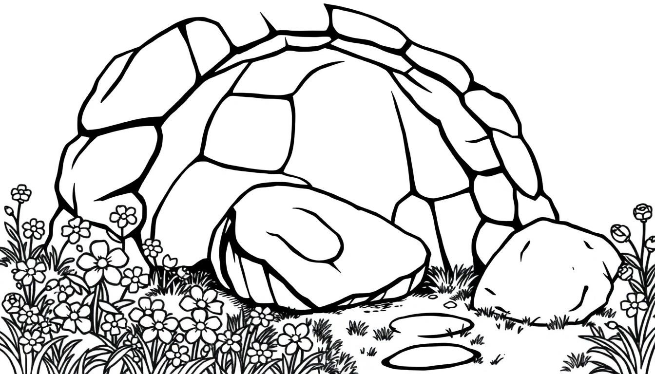 Kleurplaat van een open graf met een weggerolde steen, omlijst door gras en bloemen in lijnkunststijl.