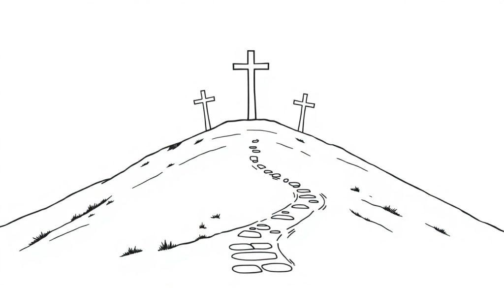 Kleurplaat van een heuvel met drie kruisen en een kronkelend pad vol stenen om op te kleuren.