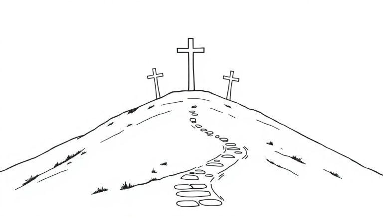 Kleurplaat van een heuvel met drie kruisen en een kronkelend pad vol stenen om op te kleuren.