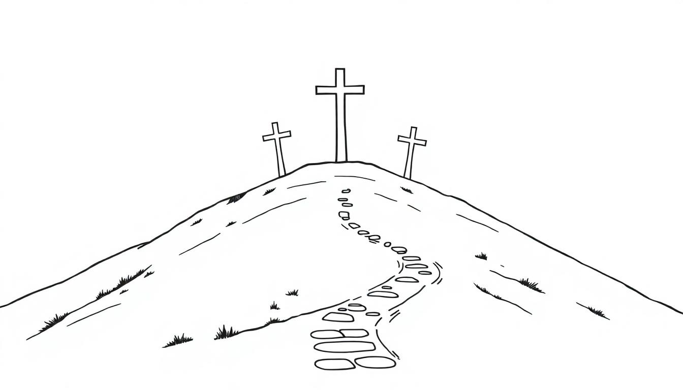 Kleurplaat van een heuvel met drie kruisen en een kronkelend pad vol stenen om op te kleuren.