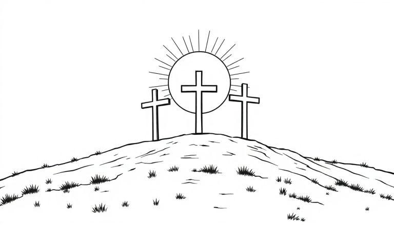 Christelijke kleurplaat van de berg Golgotha met drie kruisen en een zon op de achtergrond.