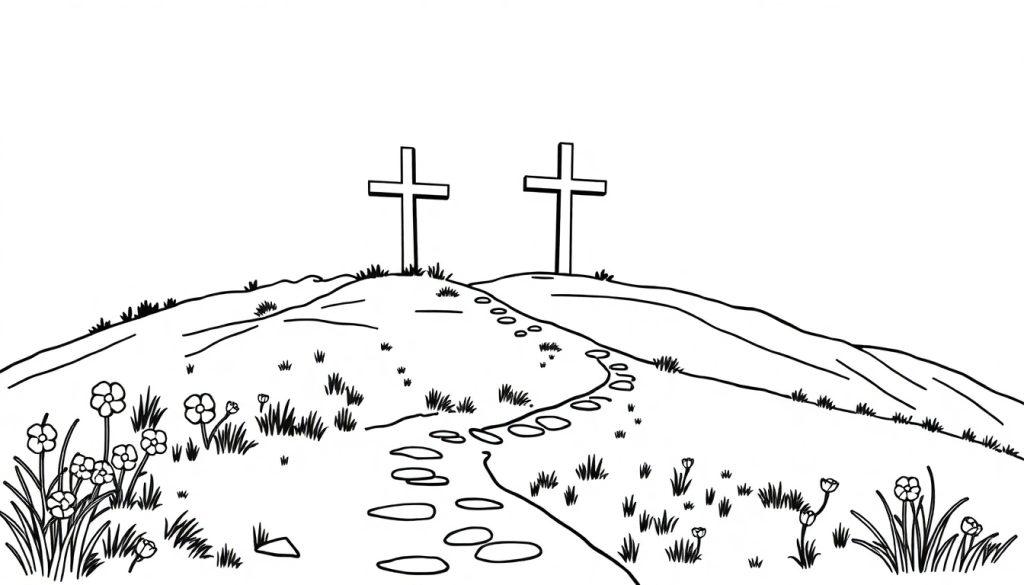 Een christelijke paaskleurplaat van de berg Golgotha met twee kruisen op een heuvel, een pad met voetstappen en omliggende natuur zoals gras en bloemen.