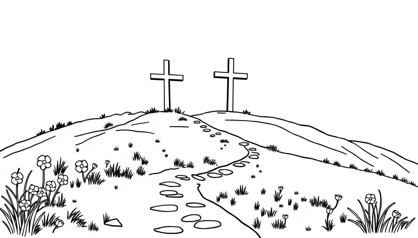 Een christelijke paaskleurplaat van de berg Golgotha met twee kruisen op een heuvel, een pad met voetstappen en omliggende natuur zoals gras en bloemen.
