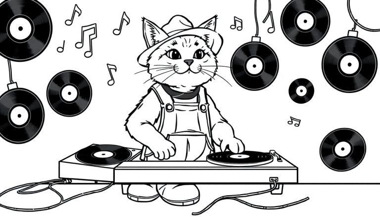 Kleurplaat van een kat als DJ met een hoed, tuinbroek en klompen bij een discofeest.