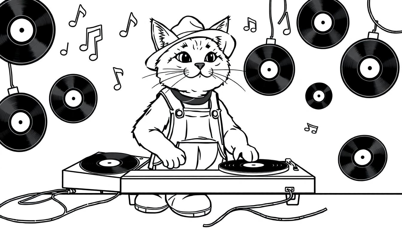 Kleurplaat van een kat als DJ met een hoed, tuinbroek en klompen bij een discofeest.