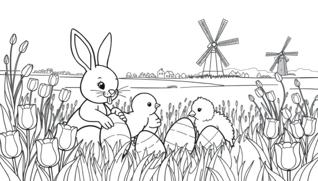 Kleurplaat met een paashaas, kuikentje en lammetje bij tulpen, molens, en de toren van Nieuwkoop.
