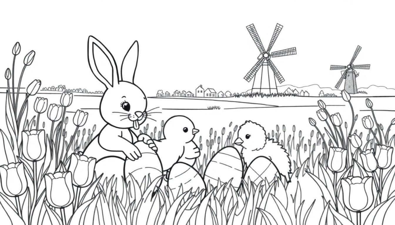 Kleurplaat met een paashaas, kuikentje en lammetje bij tulpen, molens, en de toren van Nieuwkoop.