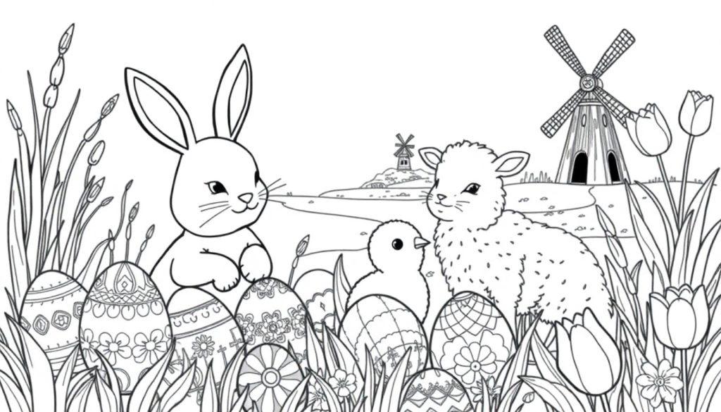 Een vrolijke kleurplaat van een konijn, kuiken en lammetje tussen bloemen, tulpen en paaseieren met een molen op de achtergrond.