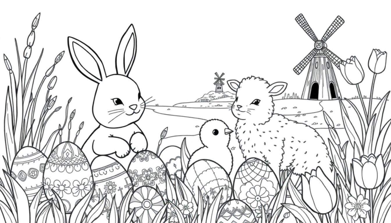 Een vrolijke kleurplaat van een konijn, kuiken en lammetje tussen bloemen, tulpen en paaseieren met een molen op de achtergrond.