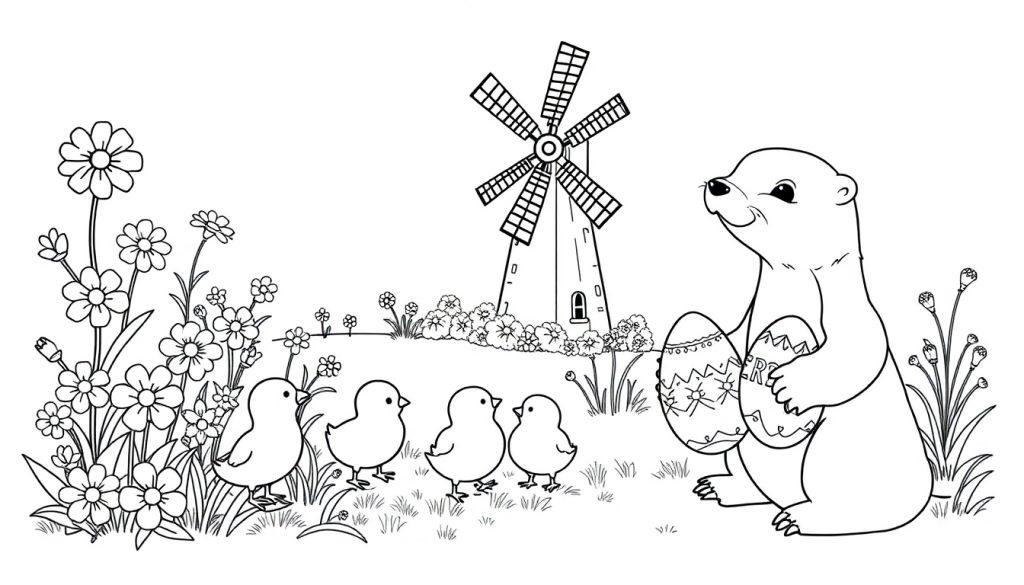 Paaskleurplaat met een bever die grote paaseieren vasthoudt, omringd door kuikentjes, bloemen en een windmolen.