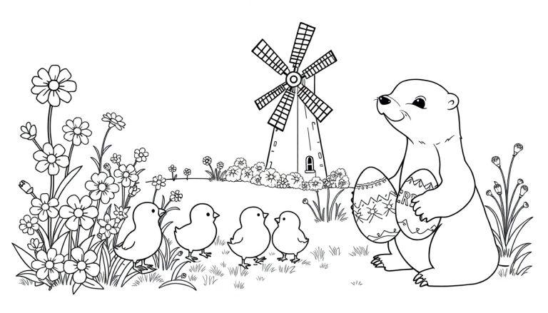 Paaskleurplaat met een bever die grote paaseieren vasthoudt, omringd door kuikentjes, bloemen en een windmolen.