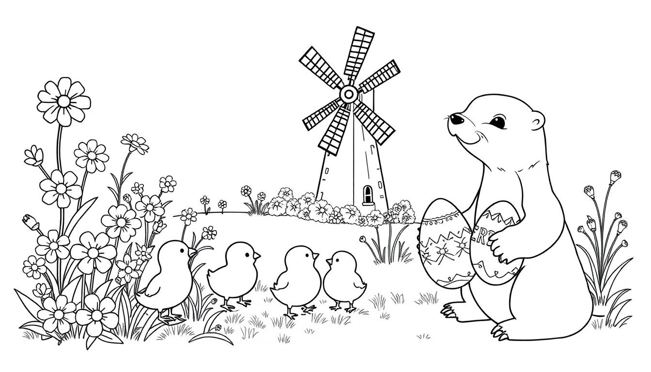 Paaskleurplaat met een bever die grote paaseieren vasthoudt, omringd door kuikentjes, bloemen en een windmolen.