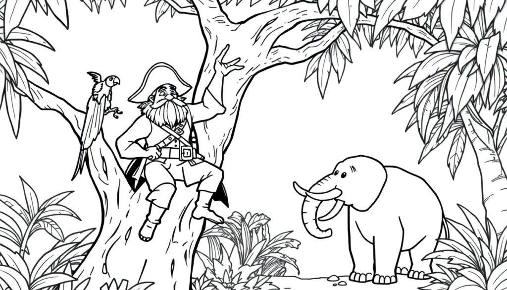 Kleurplaat van een piraat met een papegaai in de jungle, samen met een vrolijke olifant tussen de bomen.