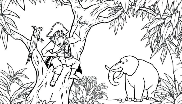 Kleurplaat van een piraat met een papegaai in de jungle, samen met een vrolijke olifant tussen de bomen.