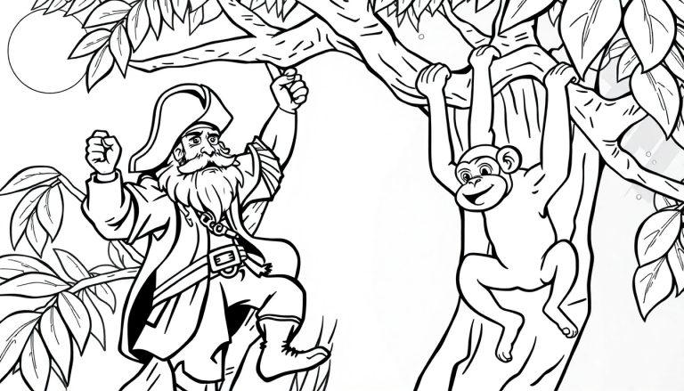 Kleurplaat van een piraat met een grote hoed, samen met een lachende aap in de boom.