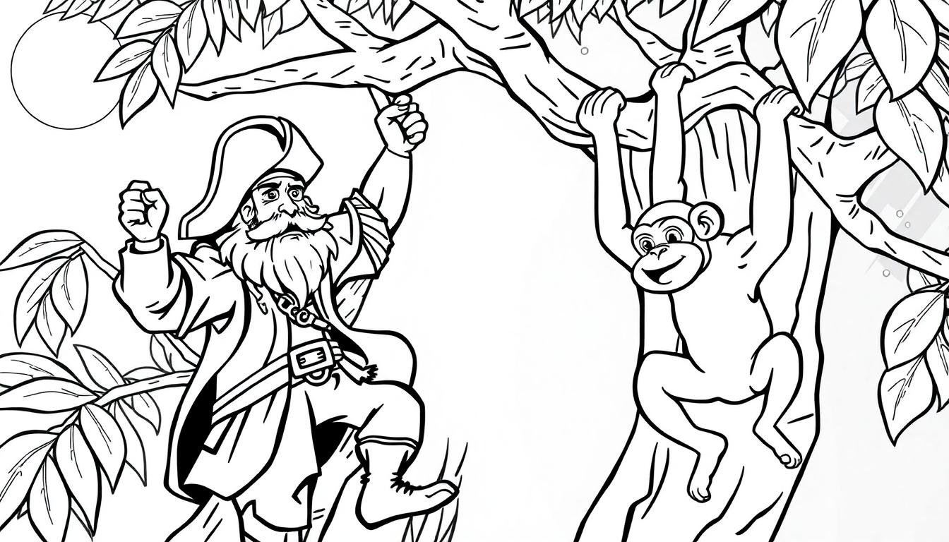 Kleurplaat van een piraat met een grote hoed, samen met een lachende aap in de boom.