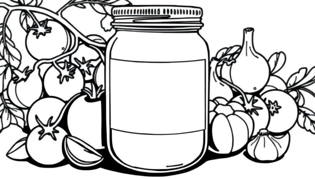 Kleurplaat van een glazen pot met een leeg label omringd door tomaten, knoflook en basilicum.