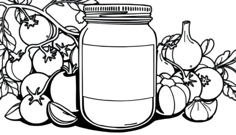 Kleurplaat van een glazen pot met een leeg label omringd door tomaten, knoflook en basilicum.