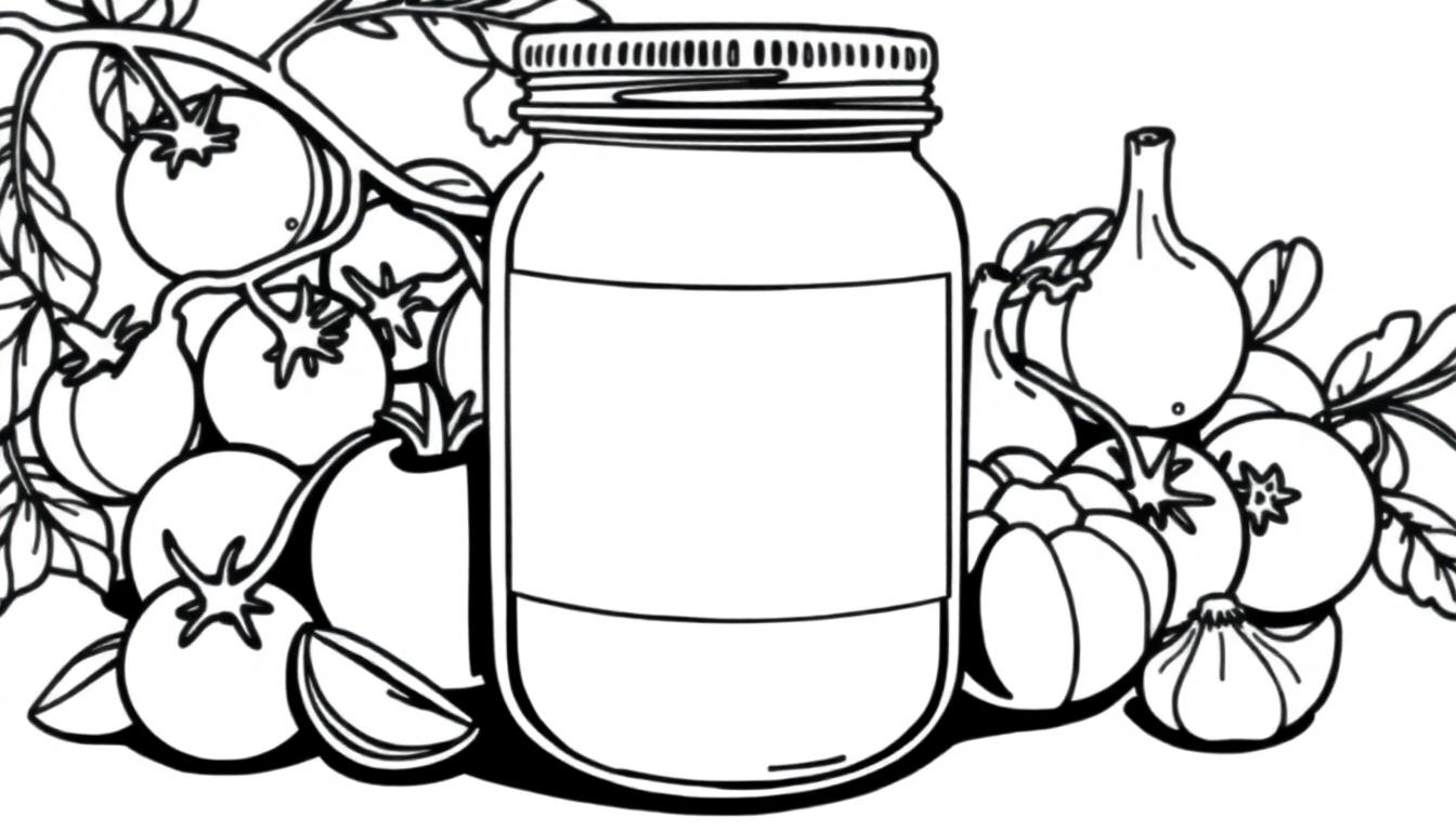 Kleurplaat van een glazen pot met een leeg label omringd door tomaten, knoflook en basilicum.