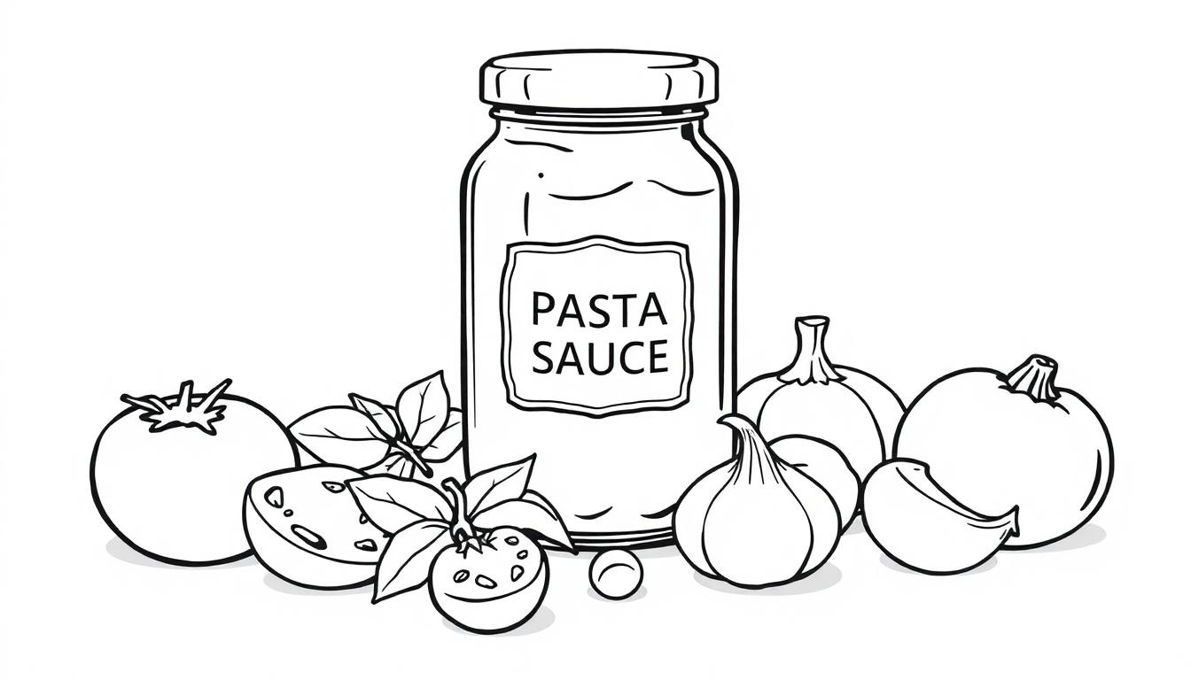 Kleurplaat van een glazen pot pastasaus met tomaten, basilicum, uien en knoflook eromheen.