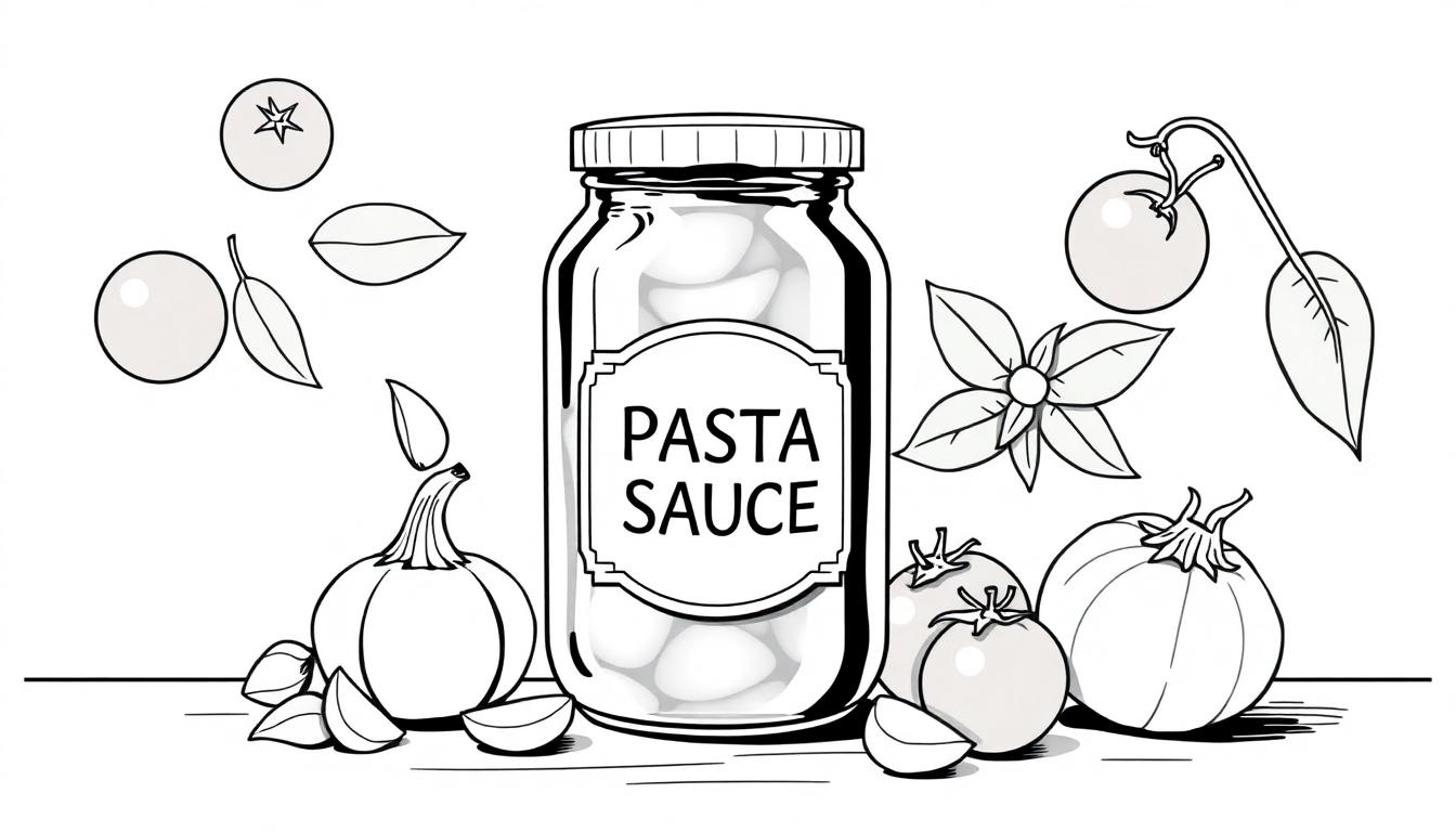 Kleurplaat van een pot pastasaus met ingrediënten zoals tomaten, basilicum, uien en knoflook eromheen.