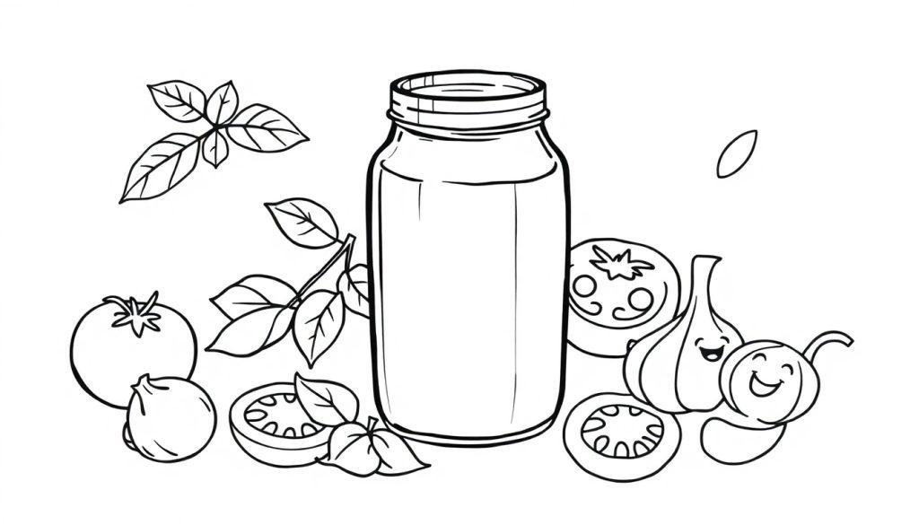 Kleurplaat van een potje tomatensaus omringd door lachende groenten zoals tomaat, basilicum, knoflook en ui.