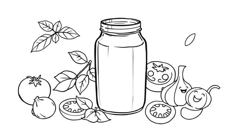 Kleurplaat van een potje tomatensaus omringd door lachende groenten zoals tomaat, basilicum, knoflook en ui.