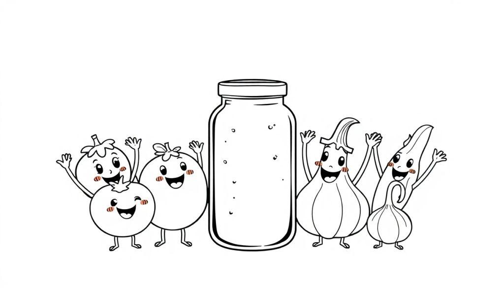 Kleurplaat met een vrolijke pot tomatensaus en lachende groenten eromheen, zoals tomaat, ui, basilicum en knoflook.