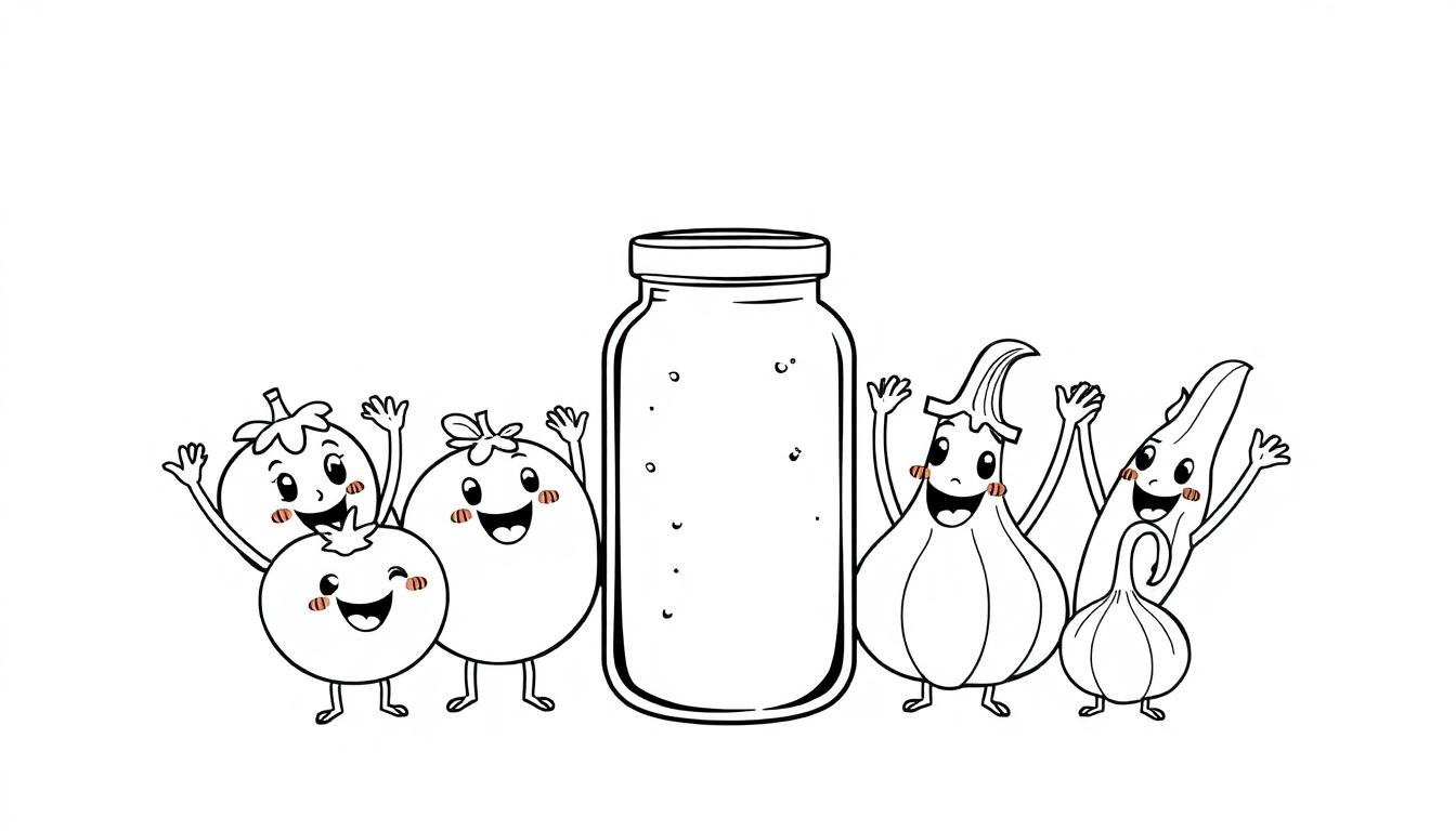 Kleurplaat met een vrolijke pot tomatensaus en lachende groenten eromheen, zoals tomaat, ui, basilicum en knoflook.