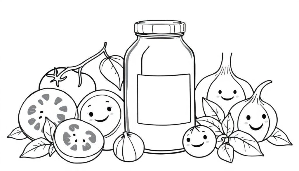 Kleurplaat van een pot tomatensaus met lachende stukjes tomaat, ui, knoflook en basilicum eromheen.