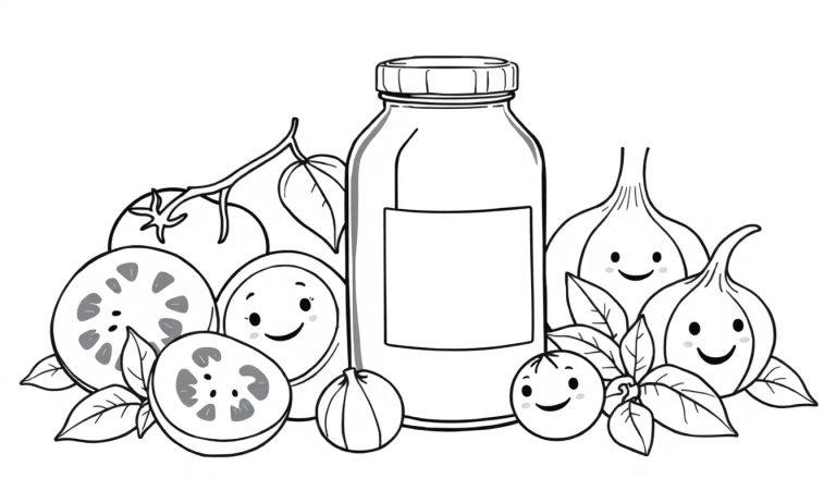 Kleurplaat van een pot tomatensaus met lachende stukjes tomaat, ui, knoflook en basilicum eromheen.