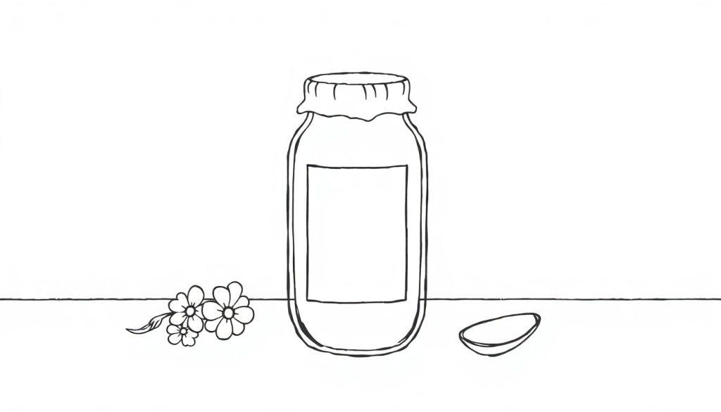 Lijntekening van een glazen pot, bloemen en een halve citroen.